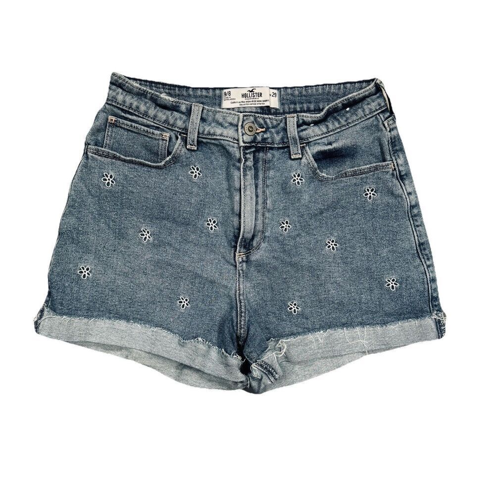 Hollister Curvy Mom Shorts 9/8 (W27 Inseam 2.5) Blue Embroidered Cuffed Juniors